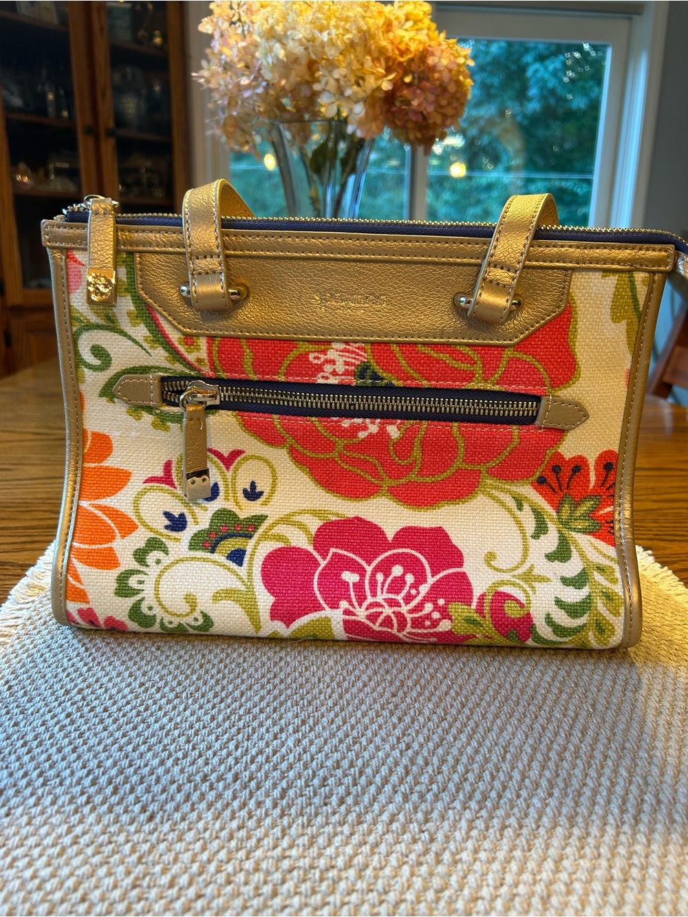 Floral Canvas Tote with Gold Trim - Pink & Orange